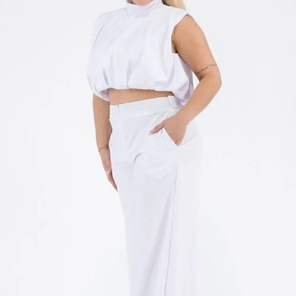 White Plus Size Turtleneck Top with Pants Set